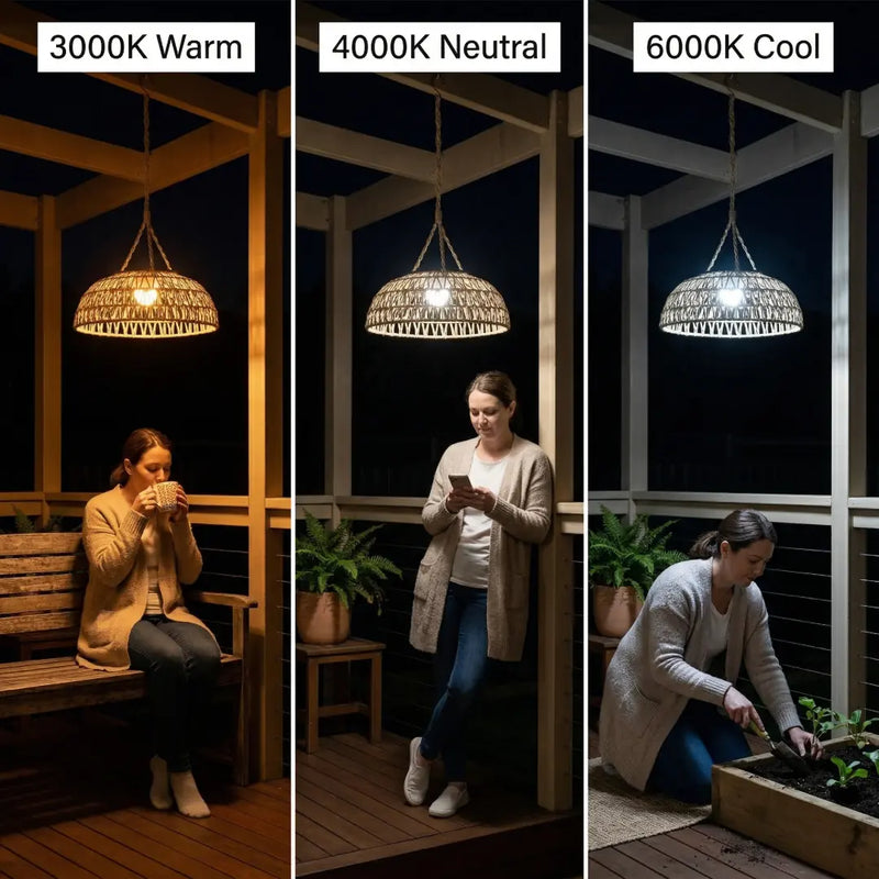 A woman easily swapping the modular solar panel on the top of the PT0901 Kiku Solar Rattan Hanging Lantern, highlighting the user-friendly design.