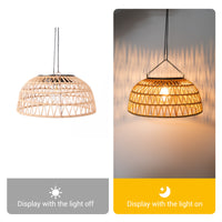 Two images of a Solar Handwoven Ceiling Light, showcasing its design with the light turned on.
