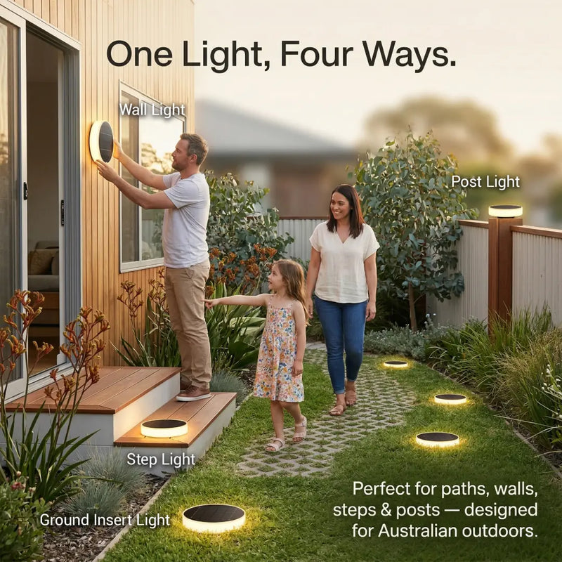  Niteo Circle Light 4-in-1 versatility demonstration: mounted as a wall light, post light, step light, and ground insert light for Australian outdoors.