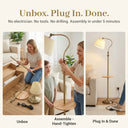 FL068 antique brass floor lamp assembly in three steps — unboxing components, hand-tightening the butterfly knob, and plugging in the SAA-certified foot switch cord