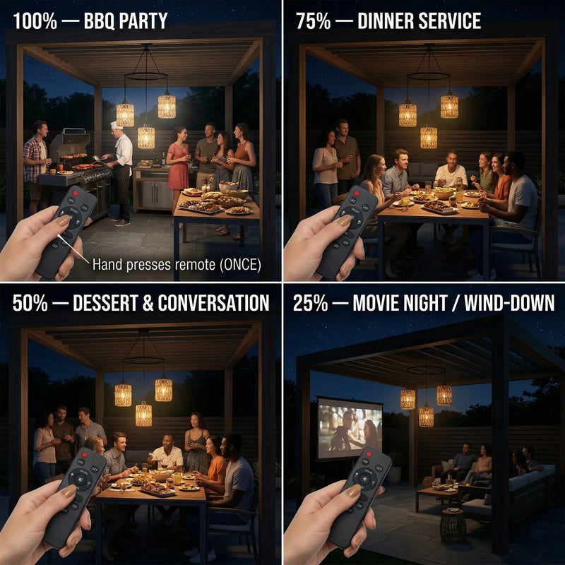 Outway Haiku Trio remote control showing four brightness levels from 25 percent movie night to 100 percent BBQ party