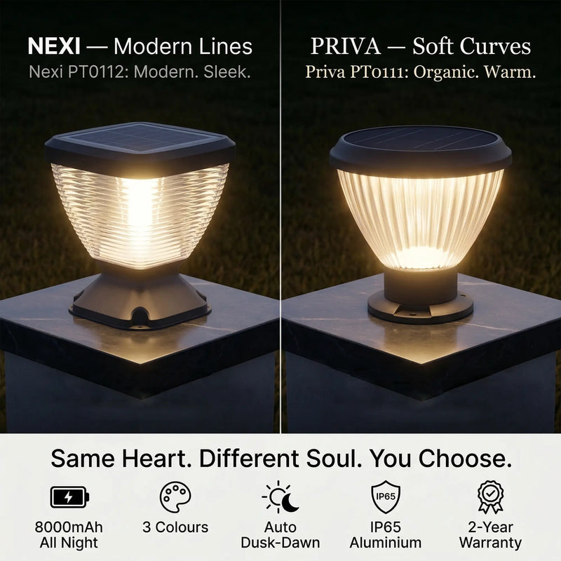 Side by side comparison of OUTWAY Nexi PT0112 with modern square lines on the left and OUTWAY Priva PT0111 with soft organic curves on the right both glowing warm white on stone posts at night with shared specs 8000mAh all night 3 colours auto dusk-dawn IP65 aluminium 2-year warranty