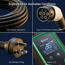 Electric vehicle charging cable and accessories with text 'Engineered for Australian Conditions.'