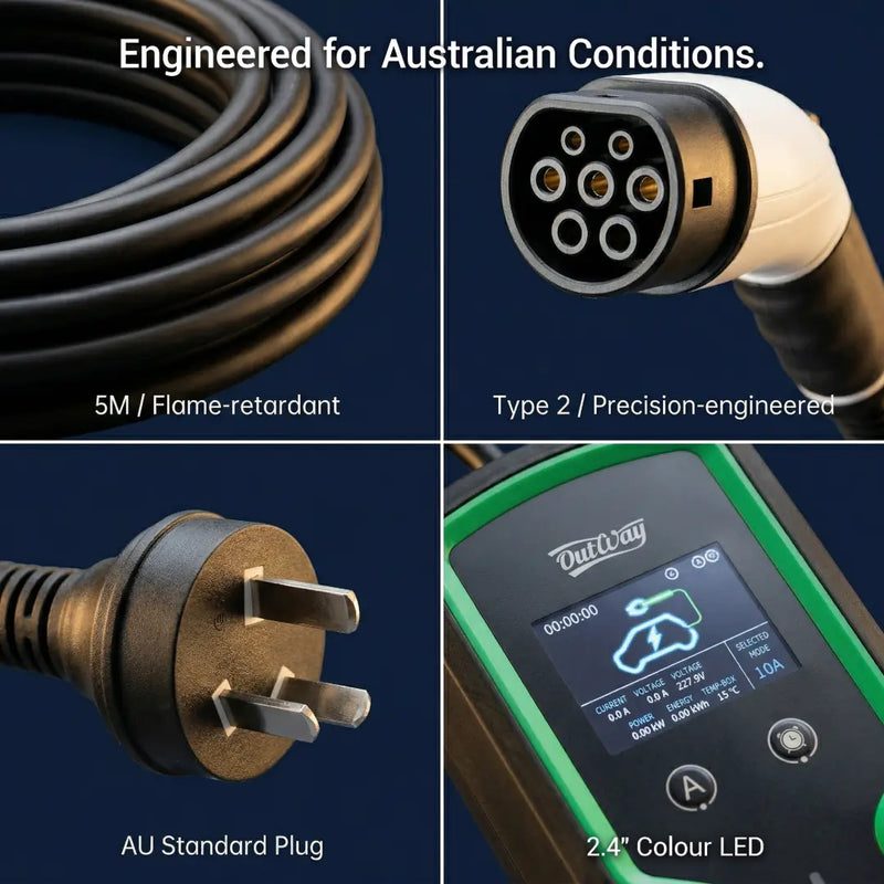Electric vehicle charging cable and accessories with text 'Engineered for Australian Conditions.'