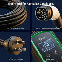 Electric vehicle charging cable and accessories with text 'Engineered for Australian Conditions.'