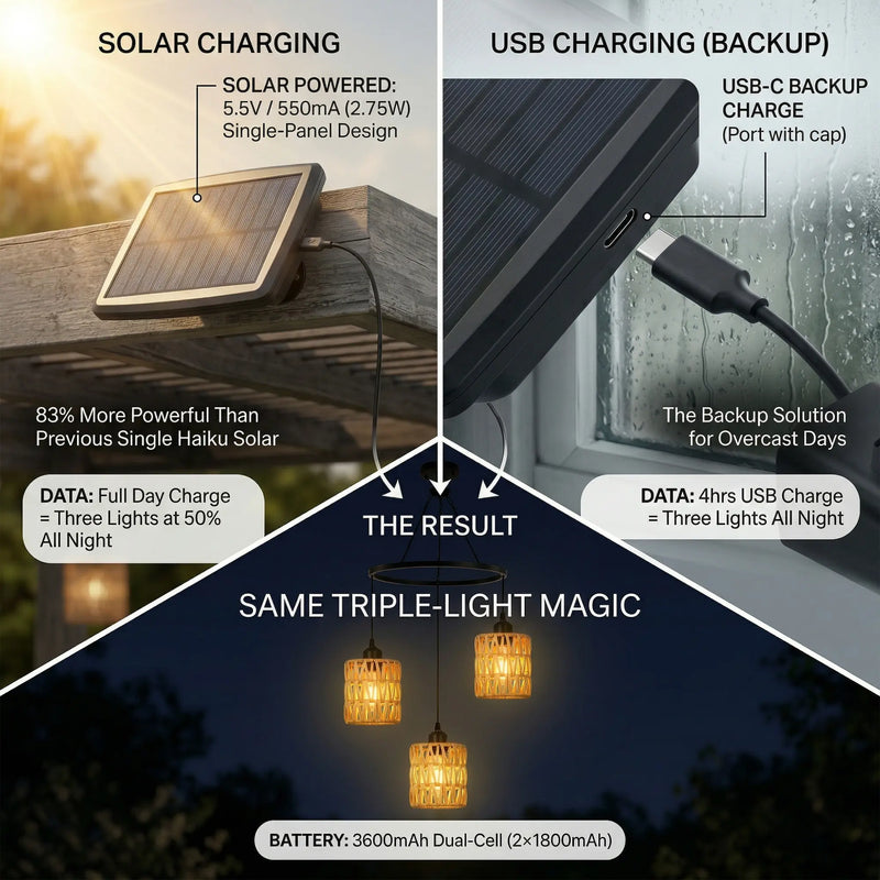 Diagram showing solar and USB charging capabilities with text and images of a solar panel and charging devices.
