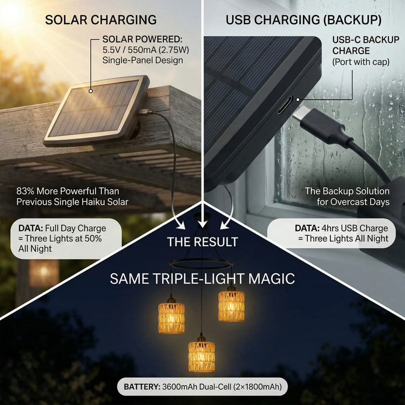 Diagram explaining the solar charging panel specifications, USB backup port, and dual battery capacity of the light fixture.