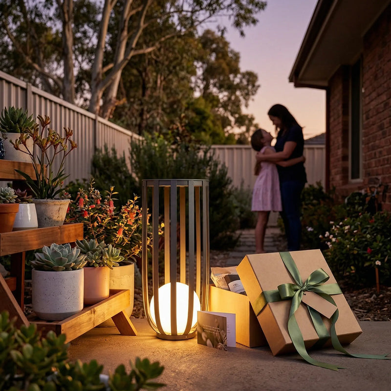 Solar outdoor lamp as garden gift, cozy backyard lighting with plants, warm ambient glow for family moments, modern landscape decor, solar-powered lantern for outdoor celebrations