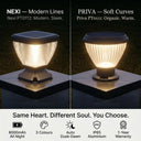 Comparison of two OUTWAY solar pillar lights glowing warm white at night: Nexi PT0112 with modern angular ribbed dome on left versus Priva PT0111 with soft curved fluted dome on right, shared specs listed below: 8000mAh, 3 colours, auto dusk-dawn, IP65 aluminium, 2-year warranty