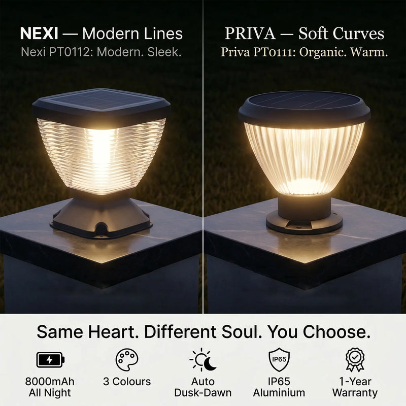 Comparison of two OUTWAY solar pillar lights glowing warm white at night: Nexi PT0112 with modern angular ribbed dome on left versus Priva PT0111 with soft curved fluted dome on right, shared specs listed below: 8000mAh, 3 colours, auto dusk-dawn, IP65 aluminium, 2-year warranty