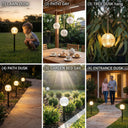 A collage of six different lighting scenarios: lawn, patio, tree hanging, path, garden bed, and home entrance.