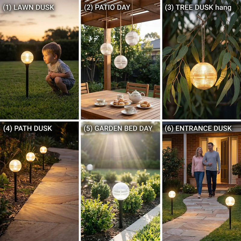 A collage of six different lighting scenarios: lawn, patio, tree hanging, path, garden bed, and home entrance.