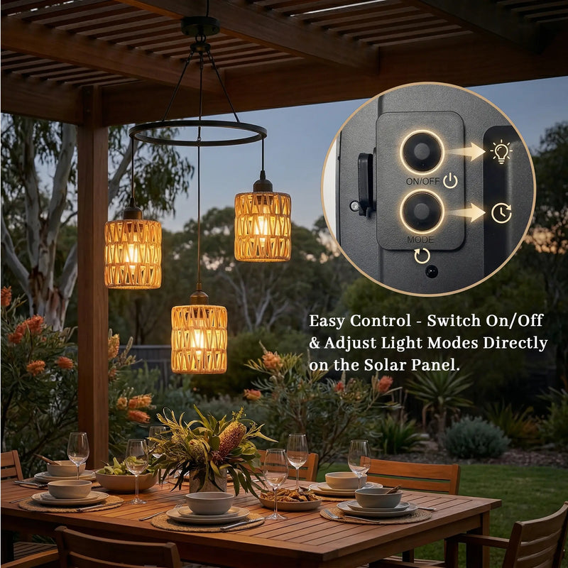 Outdoor setting with hanging lights and solar panel control unit.