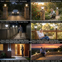 Six-panel scene collage of OUTWAY Priva PT0111 solar pillar cap light in Australian settings including 3000K driveway gate with car entering daytime golden hour woman gardening 4000K fence pillar teenager walking daytime deck post woman reading 6000K front entrance visitor at door and sunset back garden couple with wine
