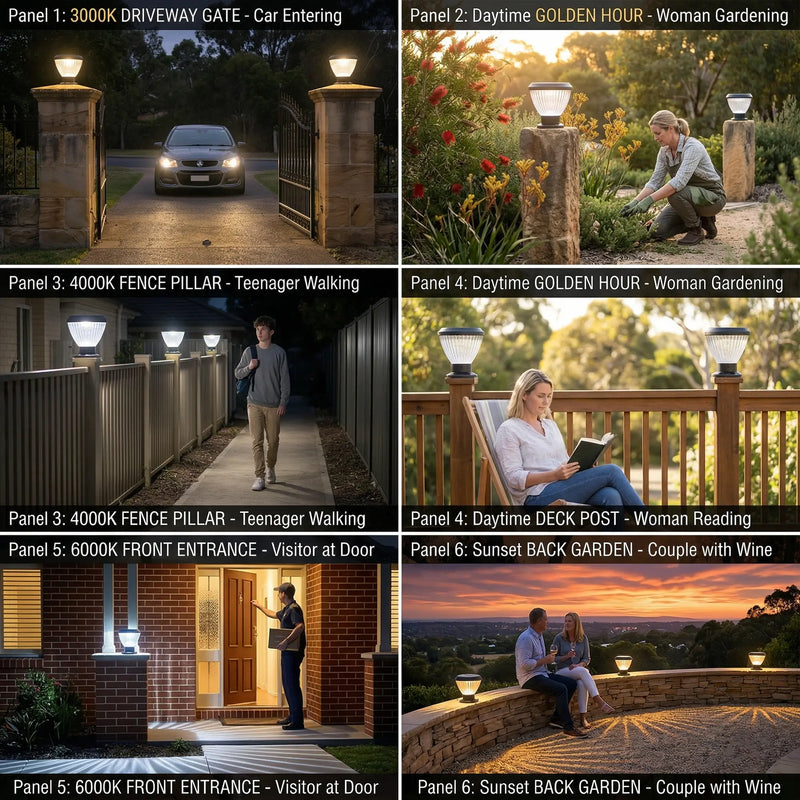 Six-panel scene collage of OUTWAY Priva PT0111 solar pillar cap light in Australian settings including 3000K driveway gate with car entering daytime golden hour woman gardening 4000K fence pillar teenager walking daytime deck post woman reading 6000K front entrance visitor at door and sunset back garden couple with wine