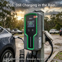 Electric vehicle charging station with text 'IP65. Still Charging in the Rain.' outdoors.
