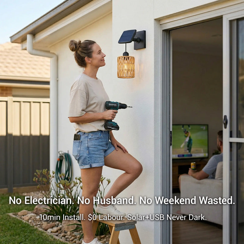Woman installing the Kasa wall light with a drill, standing on a step ladder beside a sliding glass door. Text overlay: “No Electrician. No Husband. No Weekend Wasted. 10min Install. $0 Labour. Solar+USB Never Dark.” Promotes DIY ease, time savings, and independence from professional installation.