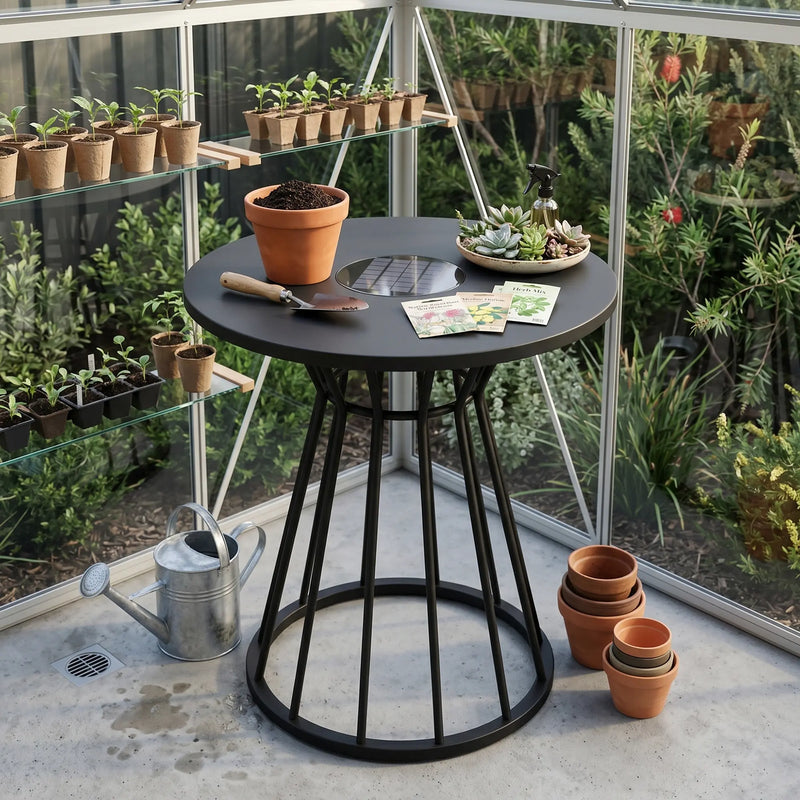 Black metal table with gardening tools and plants in a greenhouse setting