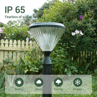 Outdoor solar pillar light post in a garden with IP 65 rating text