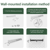 Step-by-step guide for wall-mounted installation of a light fixture with illustrations and text.