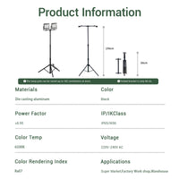 Product information for a LED worklight stand with dimensions and specifications.