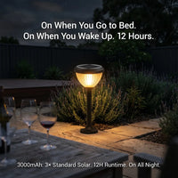 Solar lamp on a patio with wine glasses and text about runtime