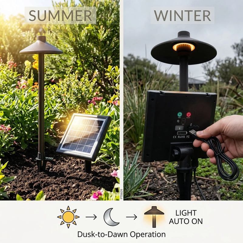 PT0609 Solar Mushroom Pathway Light summer solar charging garden vs winter USB backup charging dusk to dawn auto operation