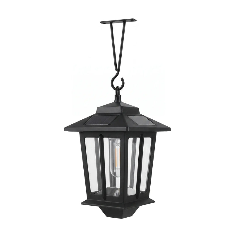 HeritageGlow Solar Lantern in Hanging Mode against white background, showing reinforced metal hook and suspended design — perfect for illustrating hanging installation option and product silhouette.