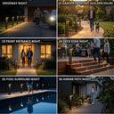 Outway PT0724 Nivra solar bollard light 6 installation scenes: driveway night, garden path golden hour, front entrance night, deck edge, pool surround, Airbnb path