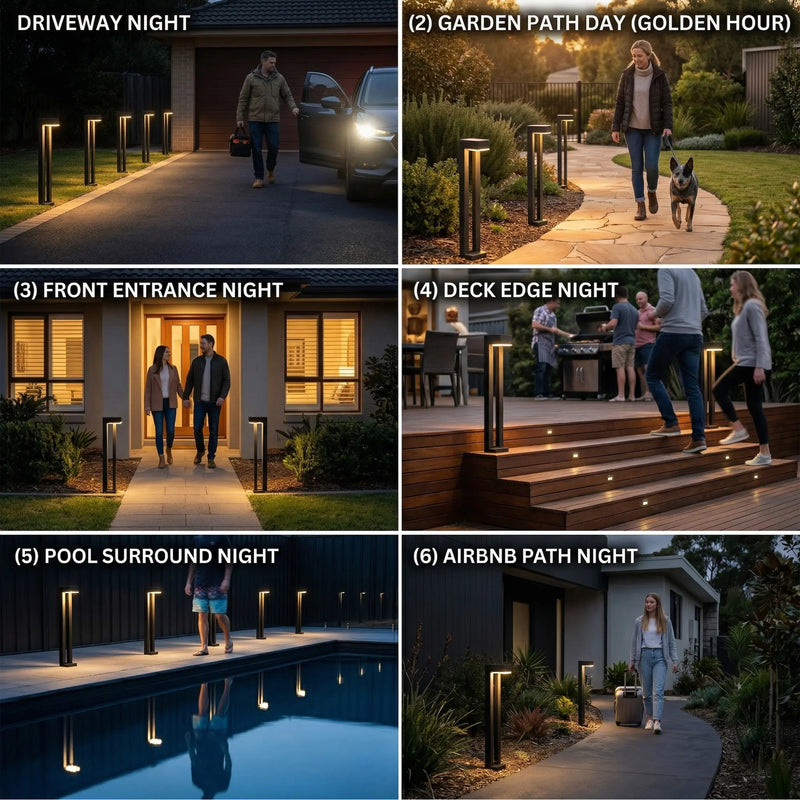 Outway PT0724 Nivra solar bollard light 6 installation scenes: driveway night, garden path golden hour, front entrance night, deck edge, pool surround, Airbnb path