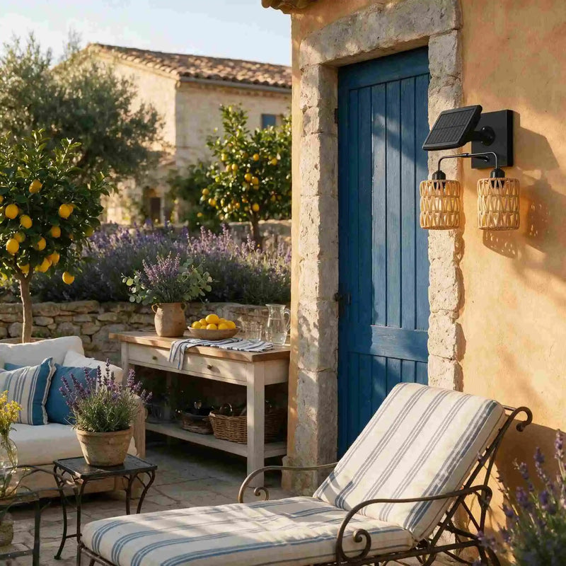 Outdoor solar light with natural weave shades next to blue door in Mediterranean garden