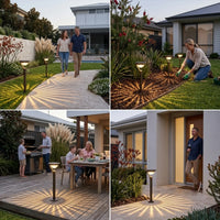 Garden pathway lighting: auto-on dusk, no wiring — ideal for family walks & evening gatherings.