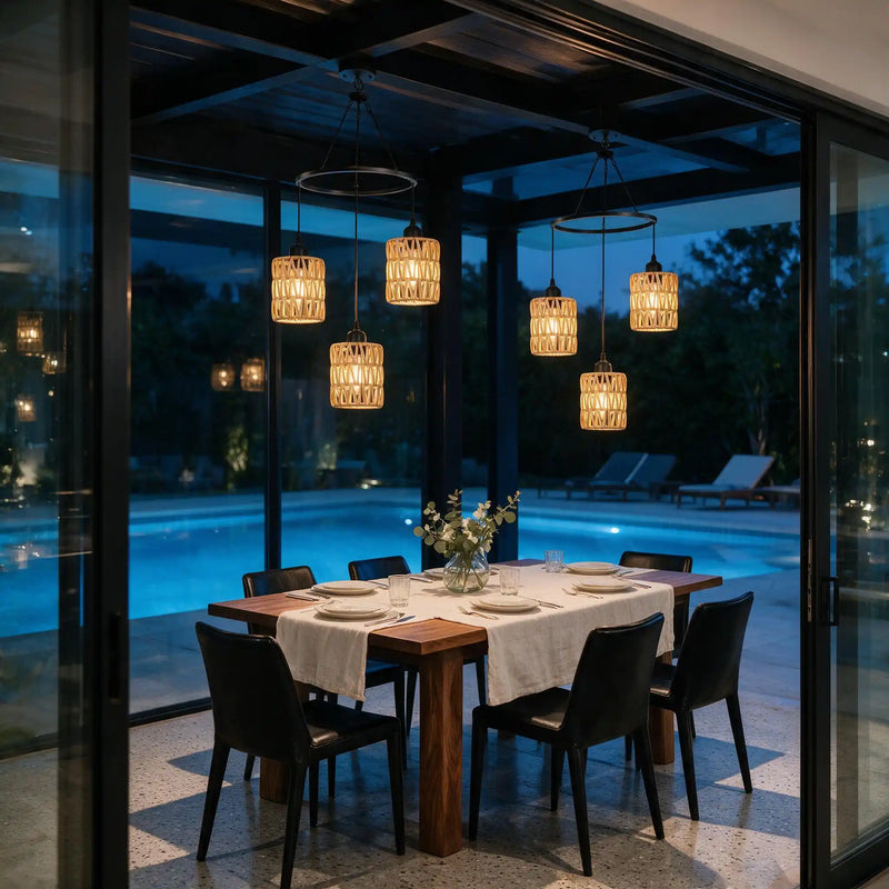 A modern dining room setup under a glass patio enclosure at dusk, featuring a rectangular wooden dining table with a white tablecloth, six black chairs, and five hanging woven pendant lights overlooking a swimming pool.