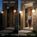 Side-by-side comparison of Lumora Solar light before and after PIR motion trigger: left panel shows 10% ambient glow at front door, right panel shows woman walking out triggering 100% full brightness, with caption explaining 30-second timer cycle