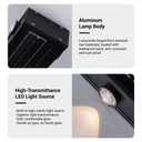 Aluminum lamp body and high-transmittance LED light source with text descriptions.