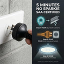 Outway high bay LED light with SAA-certified Australian plug being inserted into a wall socket, with a 3-step installation guide: Step 1 Hook, Step 2 Plug, Step 3 Done — "5 Minutes, No Sparkie."