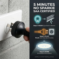 Outway high bay LED light with SAA-certified Australian plug being inserted into a wall socket, with a 3-step installation guide: Step 1 Hook, Step 2 Plug, Step 3 Done — "5 Minutes, No Sparkie."