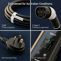 Electric vehicle charging cable and accessories with text indicating Australian conditions.