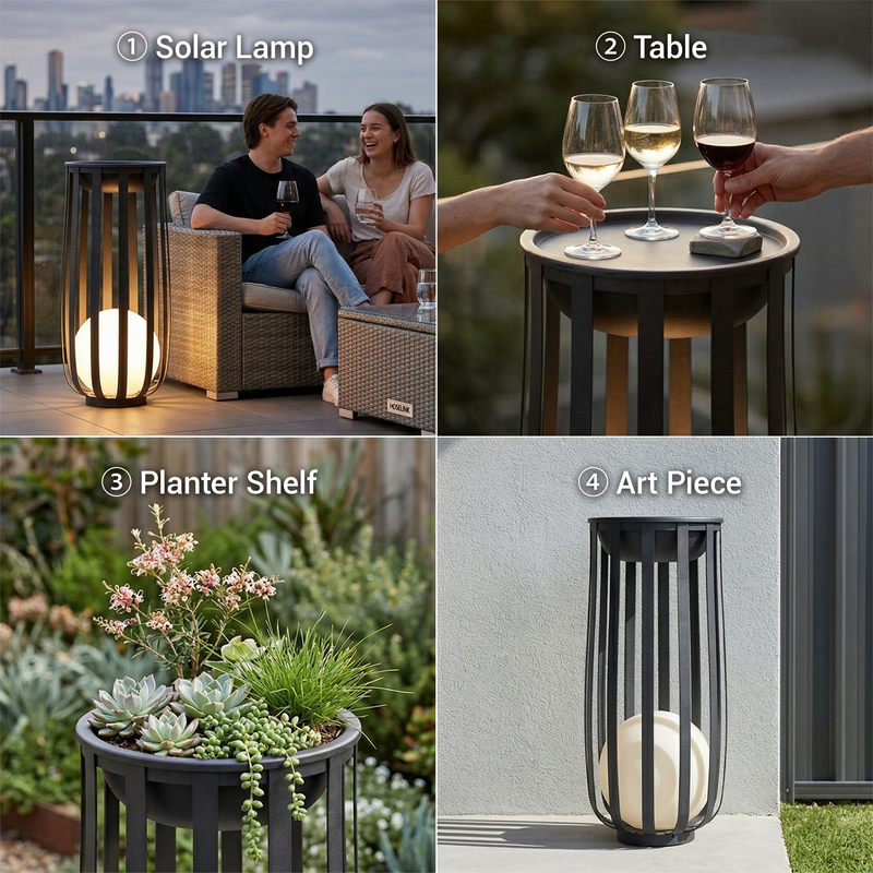 A four-panel collage showing a black cylindrical metal solar lamp in four use cases: outdoor patio seating, a small table with wine glasses, a planter shelf with succulents, and as an art piece on a garden path.