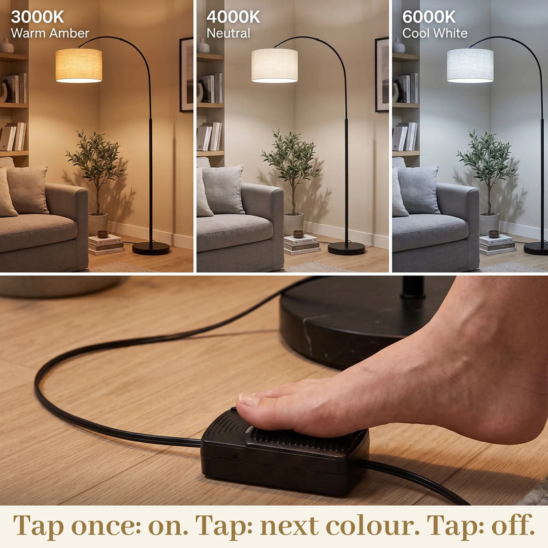 Floor lamp with three light color options and a foot switch control.