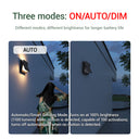 Three smart modes explained — AUTO mode: 100% brightness (1100 lumens) when motion detected, capable of 100 activations per charge, turns off automatically when no motion
