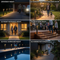 Collage of outdoor scenes with people using solar lights at different times of day.
