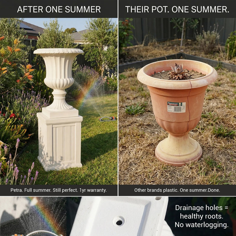 Outway F005 F006 Petra planter after one full summer still white versus faded cracked plastic pot split view drainage hole detail