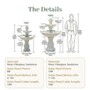 Detailed diagram of a solar-powered fountain with dimensions and material information.