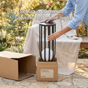 Person setting up a solar floor lamp outdoors with text indicating setup time and glowing feature.