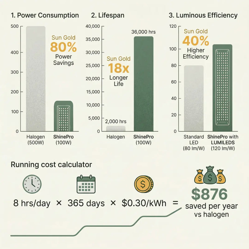 LED work light efficiency comparison chart, ShinePro LED vs halogen work light, 80% power saving, 18x longer lifespan, 40% higher luminous efficiency