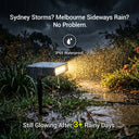 A waterproof outdoor landscape light post glowing with warm yellow light in a rainy garden setting, with text overlays about Sydney and Melbourne storms and IP65 waterproof rating.