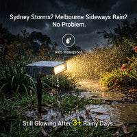 A waterproof outdoor landscape light post glowing with warm yellow light in a rainy garden setting, with text overlays about Sydney and Melbourne storms and IP65 waterproof rating.