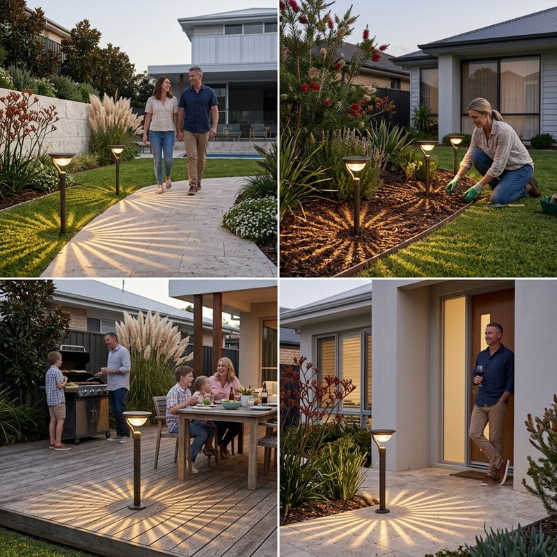 Four-panel collage showcasing solar pathway lights in diverse outdoor settings: couple walking along illuminated garden path, woman installing lights in flowerbed, family dining on deck with ambient glow, and man relaxing at doorway — demonstrating versatility across lawns, decks, and entryways.