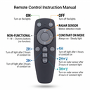 Remote control instruction manual diagram showing a dark gray remote control with labeled callouts for ON, OFF, constant on mode, 2H, 3H, 4H, radar sensor, and non-functional buttons on a white background.